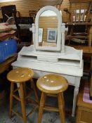 A white painted dressing table and two wooden bar stools Condition reports provided on request by