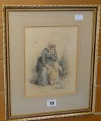 PAUL CONSTANT SOYER (1823-1903) coloured pencil - sensitive study of a mother and infant observing