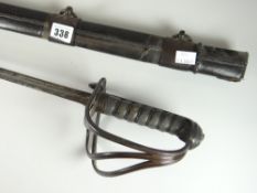 An antique British naval sword & scabbard with shagreen and wire work handle and scrolling metal