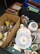 Two boxes of mainly assorted china to include collector's plates, Falstaff table-lamp, studio