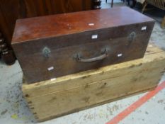 A good vintage pine box with iron handles (possibly originally a croquet box) together with
