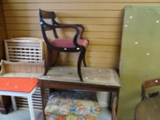 A folding fabric covered screen, a foldover games table, vintage floral ottoman, lightwood cot ETC
