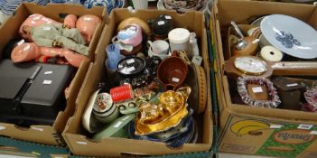 A box including Action Man doll, a Zeiss Ikon projector together with a box of mixed pottery and