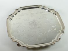 A wooden cased commemorative sterling silver salver, limited edition (46/250) to commemorate the