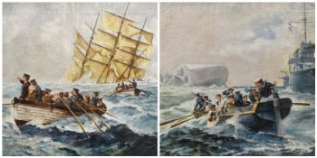 A E VINSON oil on canvas, a pair - naval scenes with British war ship approaching iceberg in and