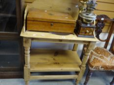 A vintage small railback pine washstand, 71cms wide together with a vintage oak writing / paint