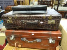 A good red leather vintage suitcase and crocodile leather document case Condition reports provided