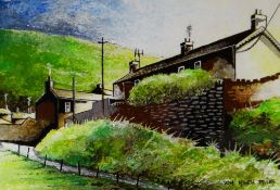 HOWELL DAVIES acrylic on panel - outskirts of South Wales village with path and roof tops, signed