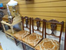 Three antique carved chairs with stuff-over seats and two vintage oil lamps Condition reports