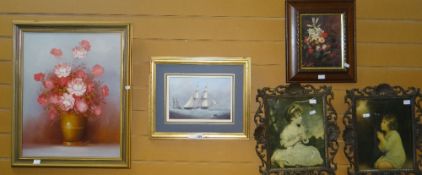 Framed oil on canvas of flowers, two reproduction prints of children ETC Condition reports