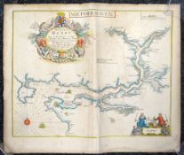GREENVILE COLLINS coloured sea chart - Milford Haven with cartouche and figural scale (unframed,