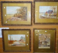 Various primitive watercolours in three matching frames and another together with sundry pictures (