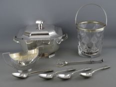 A HEAVY SQUARE ELECTROPLATE VEGETABLE DISH with twin handles and canted corners and with an all