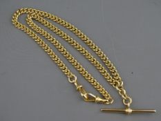A FIFTEEN CARAT GOLD ALBERT CHAIN with regular links, T-bar and two swivels, 34 grms, all links