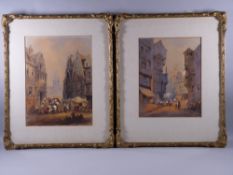 19th CENTURY CONTINENTAL SCHOOL watercolours, a pair - street scenes with ancient buildings and