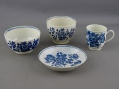 FIRST PERIOD WORCESTER BLUE & WHITE CUP & SAUCER & TWO BOWLS, 'Three Flowers' pattern circa 1760,