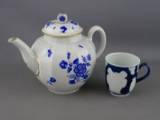 A FIRST PERIOD WORCESTER JAMES GILES DRY BLUE DECORATED TEAPOT & COVER and a half decorated cup, the