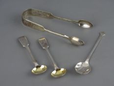 A PAIR OF PLAIN SILVER SUGAR TONGS, 1.7 troy ozs, Edinburgh 1849 with a pair of matching fiddle