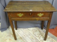 AN EARLY 19th CENTURY OAK SINGLE DRAWER SIDE TABLE, the planked top with moulded edging over an