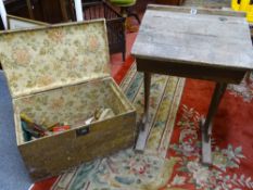 A PITCH PINE CARPENTER'S TOOLBOX with wallpaper lined interior and a few old hand tools and a