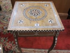 AN EASTERN STYLE BONE & HARDWOOD INLAID SIDE TABLE, 57 cms high, 41 cms square top (faded,