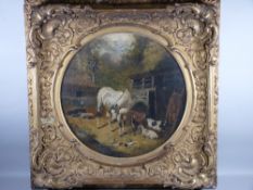 JOHN FREDERICK HERRING JNR oil on canvas, circular format - white horse in a yard with buildings and