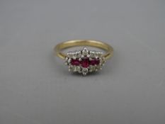 A NINE CARAT GOLD RUBY & DIAMOND CLUSTER DRESS RING, having three oblong cut centre rubies with