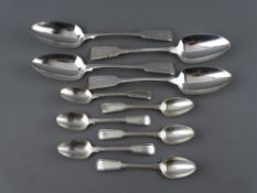 A SET OF FOUR FIDDLE PATTERNED SILVER SERVING SPOONS, 8.2 troy ozs, London 1807/08 and a set of