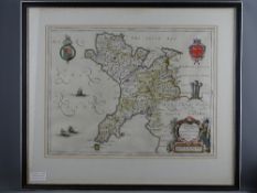 MAP - J BLAEU - Caernarfonshire with Prince of Wales feathers and other crests, 1648, 39 x 51 cms
