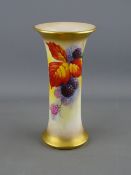 A ROYAL WORCESTER TRUMPET VASE with painted blackberries, leaves and blossom by, and signed by Kitty
