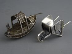 AN ATTRACTIVE MODEL STERLING SILVER WHEELBARROW, 1 troy oz and a believed silver model of a