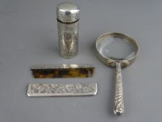A SILVER CYLINDRICAL PERFUME BOTTLE with bright cut decoration, interior glass stopper, initials and