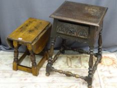 A CARVED OAK SINGLE DRAWER SIDE TABLE and a small twin flap occasional oak table, 69 and 45 cms high