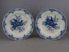 TWO CIRCA 1770 FIRST PERIOD WORCESTER, 24.5 cms BLUE & WHITE PLATES, 'Pine Cone' pattern having