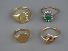 FOUR NINE CARAT GOLD DRESS & SIGNET RINGS, 13 grms gross including a crossover knot, size J, a