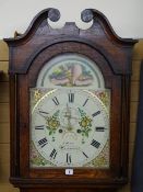 A MID TO LATE 19th CENTURY OAK & MAHOGANY LONGCASE CLOCK having an arched hood with painted dial