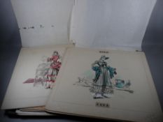 A VINTAGE ART FOLDER CONTAINING A PORTFOLIO OF TEN WATERCOLOUR FASHION STUDIES of historical
