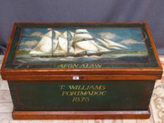 A VICTORIAN PAINTED PINE CHEST, the top ship decorated with a threemaster titled 'Afon Alaw', the