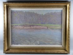 20th CENTURY FRENCH IMPRESSIONIST SCHOOL oil on canvas - river scene with solitary figure on the far