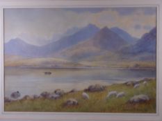 WARREN WILLIAMS ARCA watercolour - Snowdonia lake scene with grazing sheep in the foreground and two