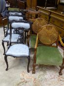 A PARCEL OF MIXED CHAIRS - a set of three Edwardian dark wood drawing room chairs with powder blue