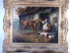 GEORGE MORLAND oil on canvas - hatted gentleman rider being given a refreshing drink by a bonneted