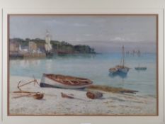 English School watercolour - harbour scene, possibly Cornish with boats by a quay and boats in the