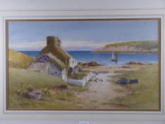 WARREN WILLIAMS ARCA watercolour - iconic cottage at Cemaes Bay with lady feeding poultry and