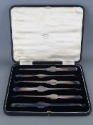 A SET OF SIX ATKIN BROTHERS SILVER PLATED LOBSTER PICKS in a Boodle & Dunthorne retailer's box