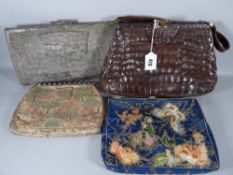 FOUR LADY'S VINTAGE EVENING BAGS including two crocodile and two Eastern silk embroidered