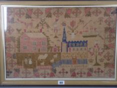 AN EARLY 19th CENTURY SAMPLER depicting a house, church, sheep and figures with trees and flowers