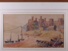 JAMES SADLER watercolour - Conwy Castle & Suspension Bridge with numerous boats, signed and dated