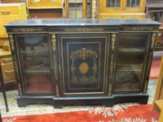 A LATE VICTORIAN EBONIZED BREAKFRONT & ORMOLU INLAID CREDENZA having a centre blind cupboard with