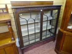 AN EARLY 20th CENTURY MAHOGANY TWO DOOR CHINA DISPLAY CABINET having shaped panels and short